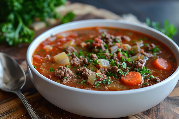 A close shot of a white ceramic bowl filled with ground beef cabbage soup with a big space for text or product advertisement background Generative AI