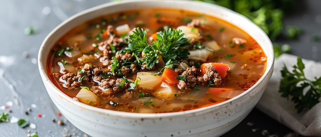 A close shot of a white ceramic bowl filled with ground beef cabbage soup with a big space for text or product advertisement background Generative AI