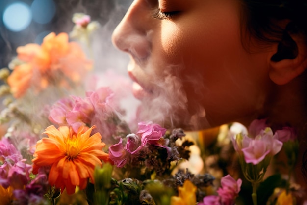 Photo close shot of a woman among flowers their scent and natural floral essence enveloping her