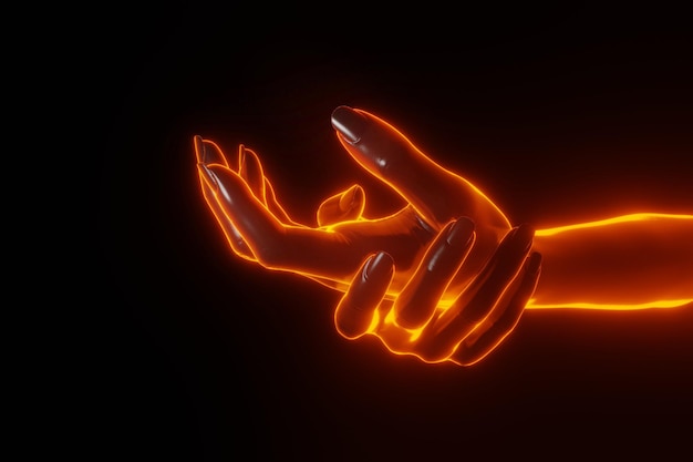 Close up 3D view of right hand holding left hand with light fire glowing effect Concept of please