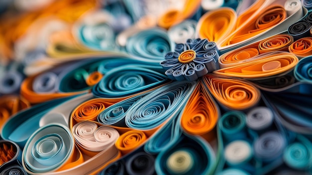 Close up of an abstract paper art flower pattern created with rolled paper strips in shades