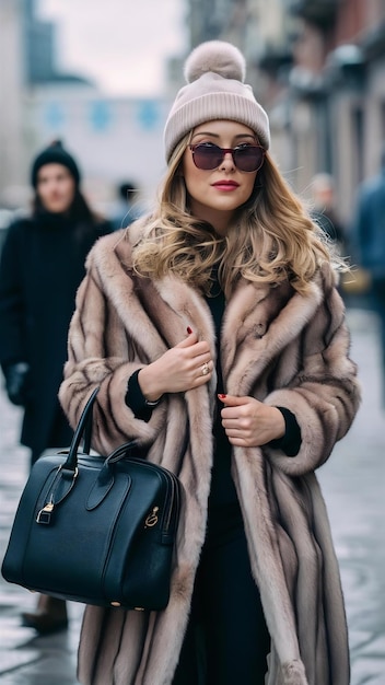 Photo close up accessories details of stylish woman walking in city in warm fur coat holding black leathe