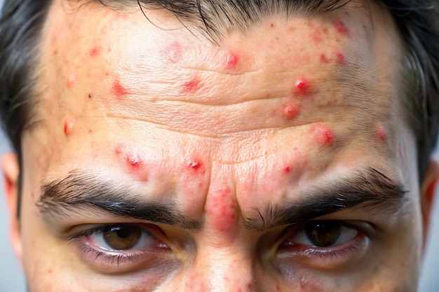 Close up of acne on forehead red and inflamed