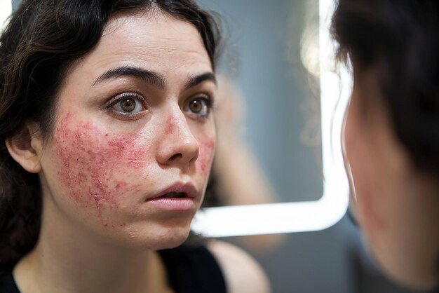 Photo close up acne on womans face