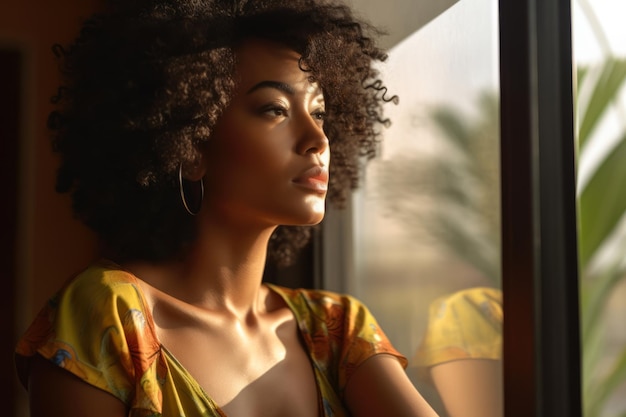 Close up of an African American woman contemplating a summer scene from her window