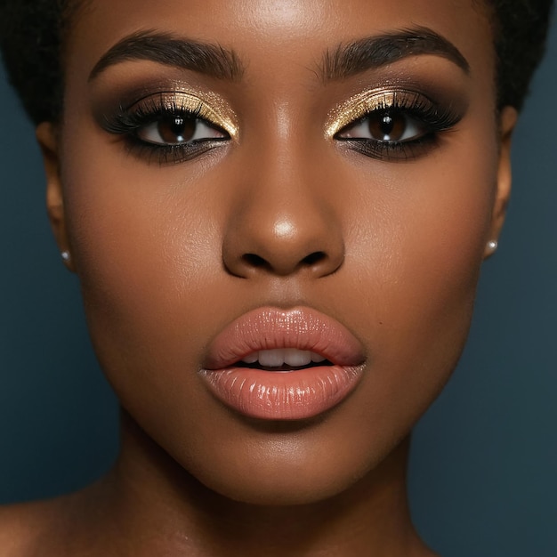 Close up of African American woman with dark lipstick lips and golden eye shadow showing off flawless makeup and well defined eyebrows for a charming and elegant beauty look