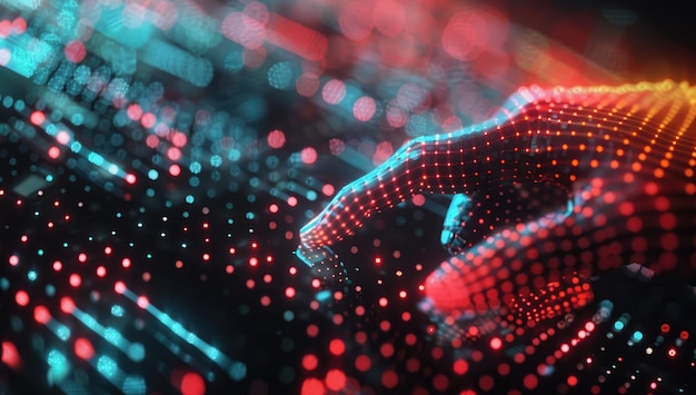 A close up of an AI hand typing on digital code with glowing lights and intricate patterns in the background representing advanced technology and data flow