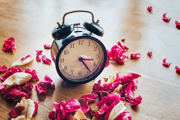 Photo close up on alarm clock with dried petals