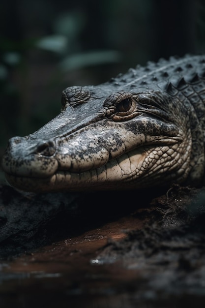 A close up of a alligator's face