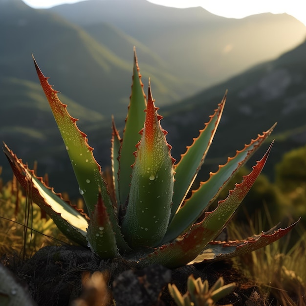 Close up of an aloe plant with mountains generative ai