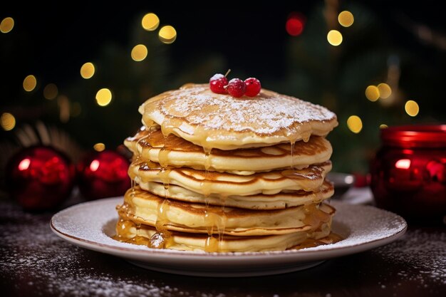 close up american pancakes on a christmas theme background