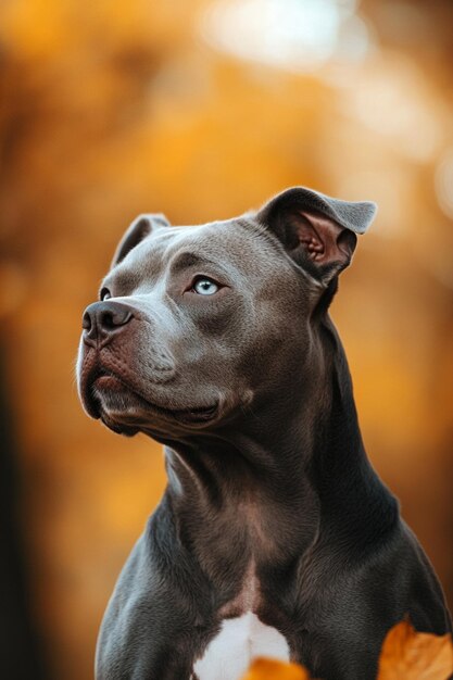 Photo close up of an american pit bull with striking color and focus against a blurred background