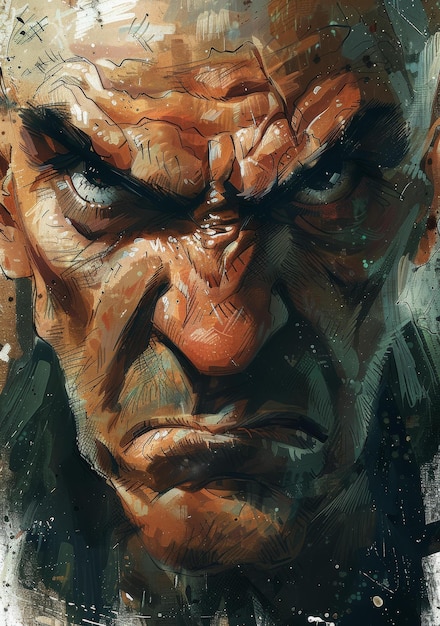 Close Up Angry Man Portrait Digital Art Illustration