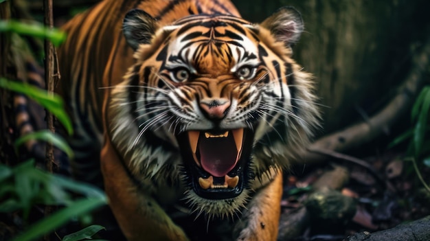 close up angry tiger on the jungle