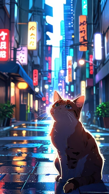 close up Anime Cat Wallpaper Jpan city background Digital art Ai generative