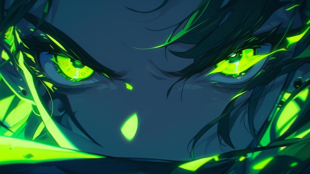 Close up of anime character with glowing green eyes Concept art digital illustration fantasy action and adventure