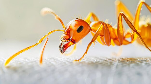 A close up of an ant walking on a white surface