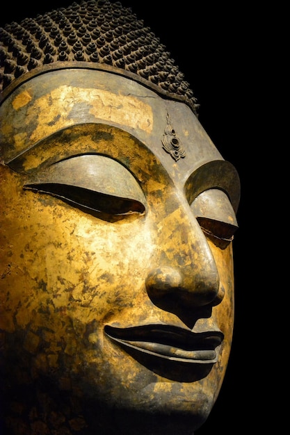 close up of antique bronze Buddha face isolated on black background