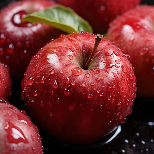 a close up of apples with water drops on them