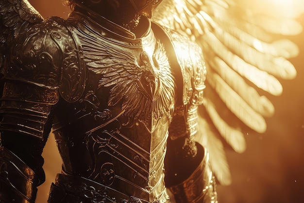 Photo a close up of archangel michaels armor shining in sunlight radiating strength and divinity