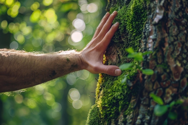 Photo a close up of an arm touching the trunk of a tree with focus on the hand and bark against a green background a man39s hand touches mosscovered oak in a forest