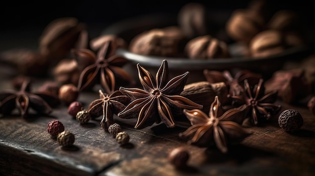 Close up of Aromatic anise stars on wooden table with generative ai