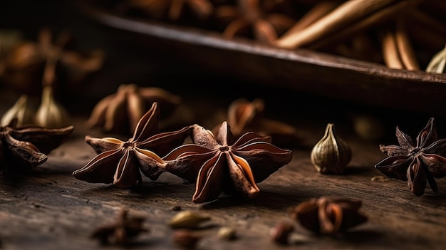 Close up of Aromatic anise stars on wooden table with generative ai