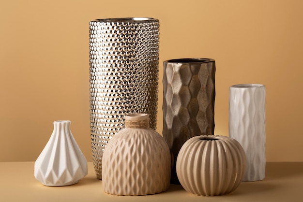 Close up arrangement of modern vases