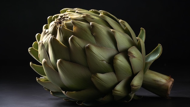 A close up of an artichoke on a black background