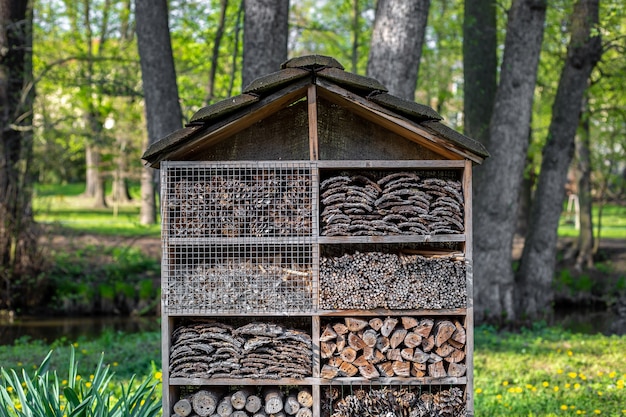 Close up of an artifical bio-ecological home for kind of a bees and insect at the nature