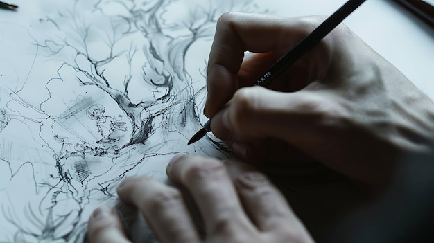 Photo close up of an artists hand drawing with a pencil on a white sheet of paper