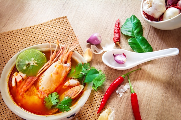 Close up Asian Spicy soup with shrimp in  bowl 