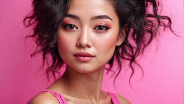 Close up Asian woman on bright pink background