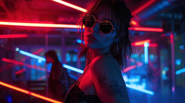 Close up of asian woman face in night club world neon background AI generated image