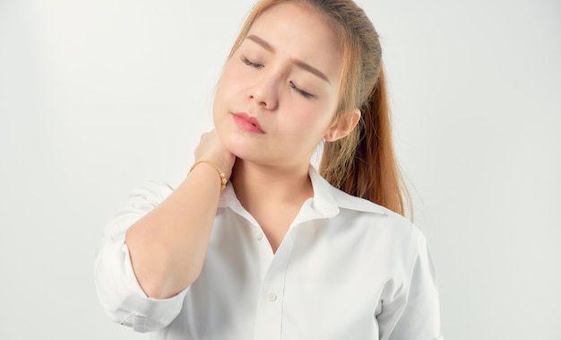 Close-up of Asian women acute pain in a neck, Health care and medical