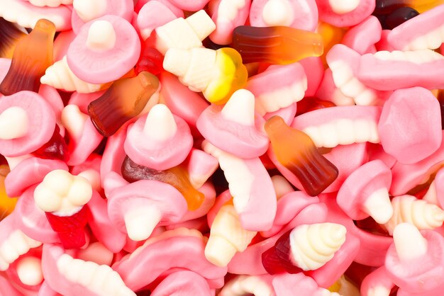 Close up on assorted gummy candies texture