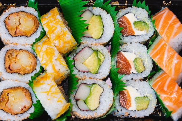 Close up of assorted sushi platter fish food healthy