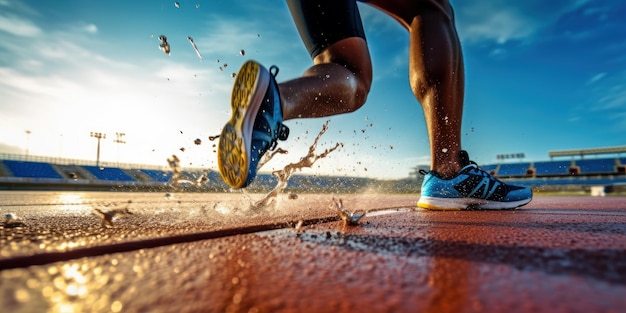 Close up Athlete runner leg running on racetrack Running for healthy life Generative AI