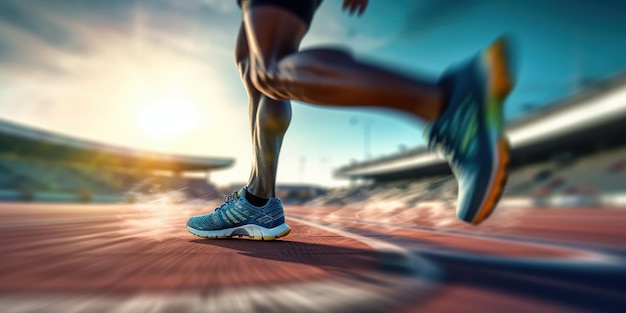 Close up Athlete runner leg running on racetrack Running for healthy life Generative AI