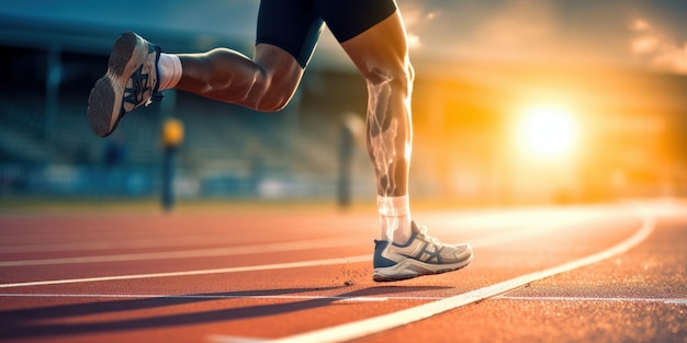 Close up Athlete runner leg running on racetrack Running for healthy life Generative AI