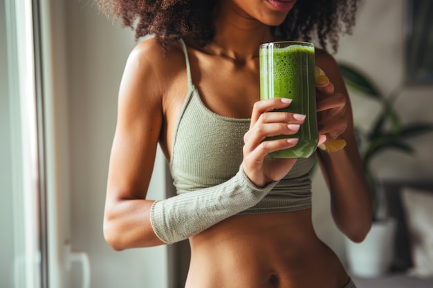 Photo close up of an athletic young healthy woman holding freshly made green smoothie at home copy space