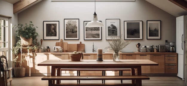 Close up of an attic kitchen with white walls a long wooden tableGenerative AI