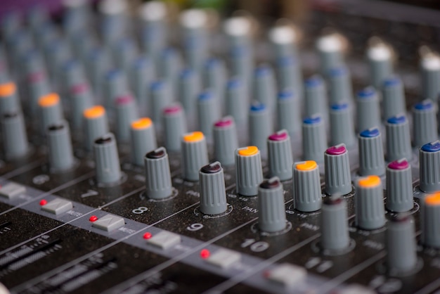 Close up of Audio controller,Sound recording studio mixing desk