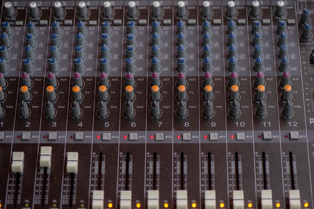 Close up of Audio controller, Sound recording studio mixing desk