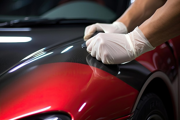 Close up of a auto body mechanic buffing a scratch on sports car