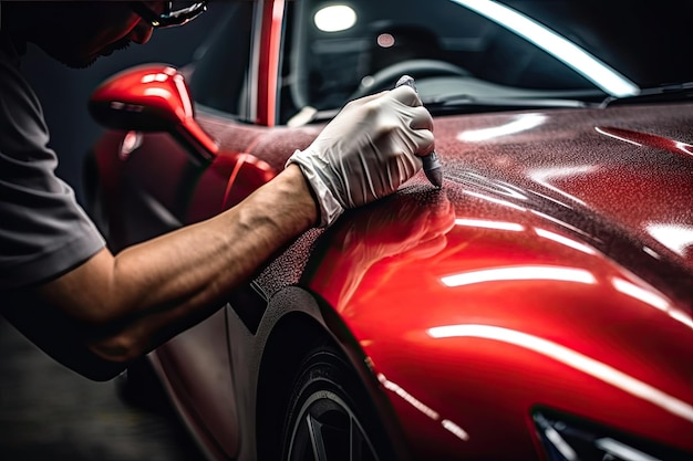 Close up of a auto body mechanic buffing a scratch on sports car