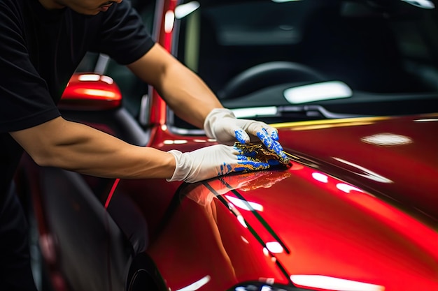 Close up of a auto body mechanic buffing a scratch on sports car