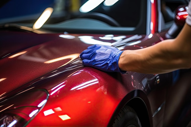 Close up of a auto body mechanic buffing a scratch on sports car