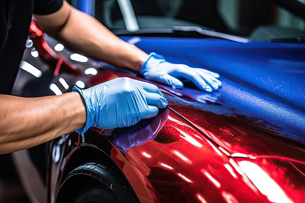 Close up of a auto body mechanic buffing a scratch on sports car