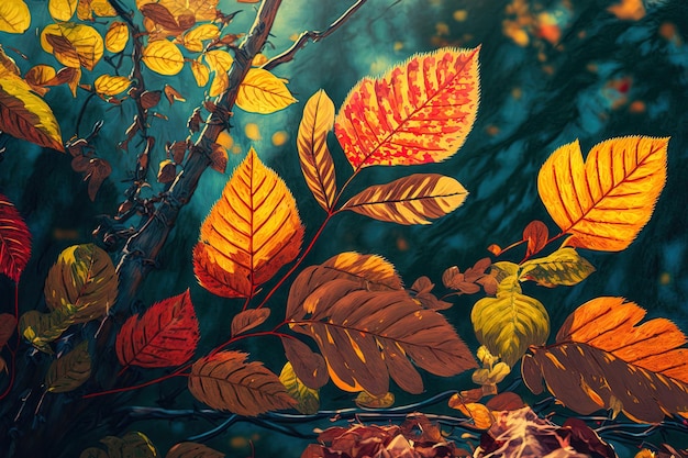 Close up of autumn leaves in the backdrop of a forest